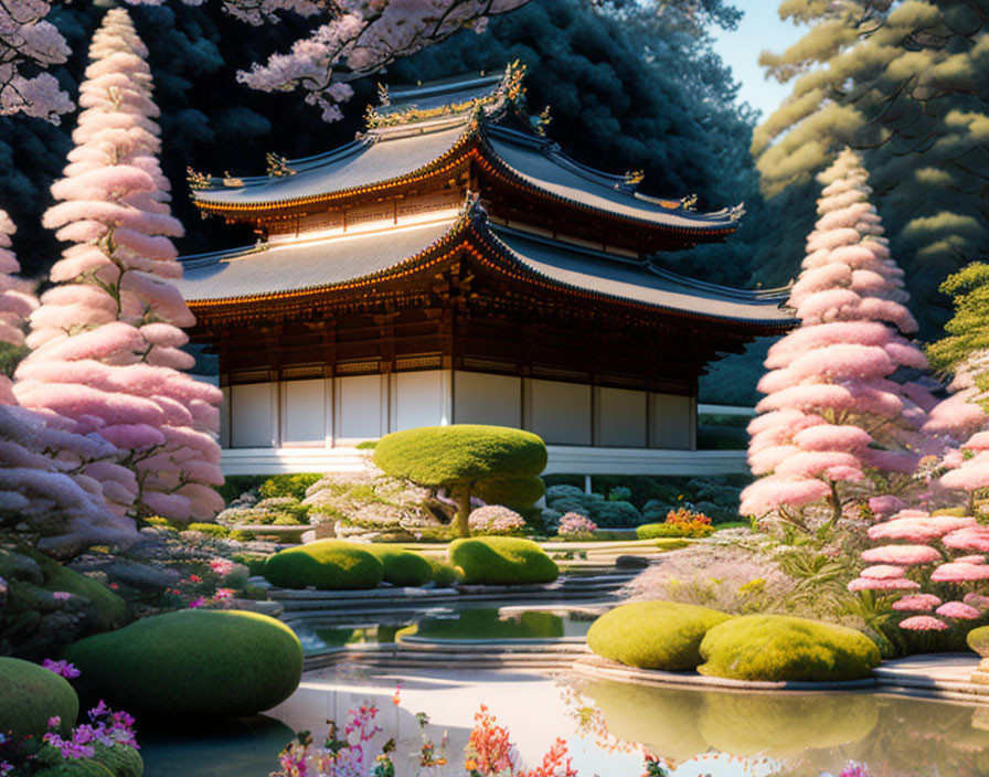 Serene Japanese garden with cherry blossoms and tranquil pond at dusk