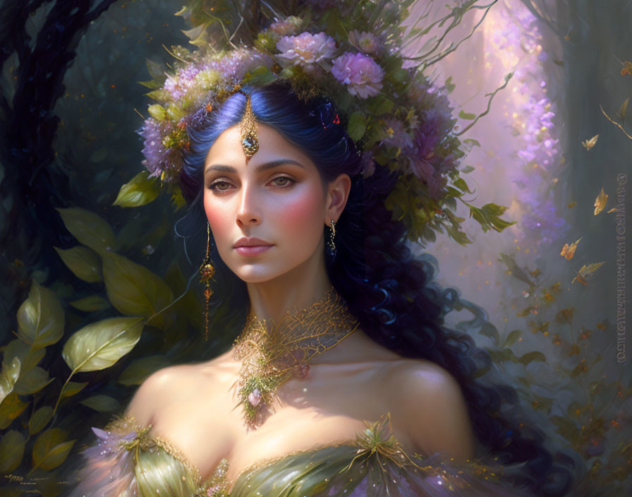 Ethereal woman adorned with floral crown in glowing forest