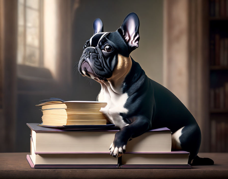 French Bulldog sitting on books in library setting