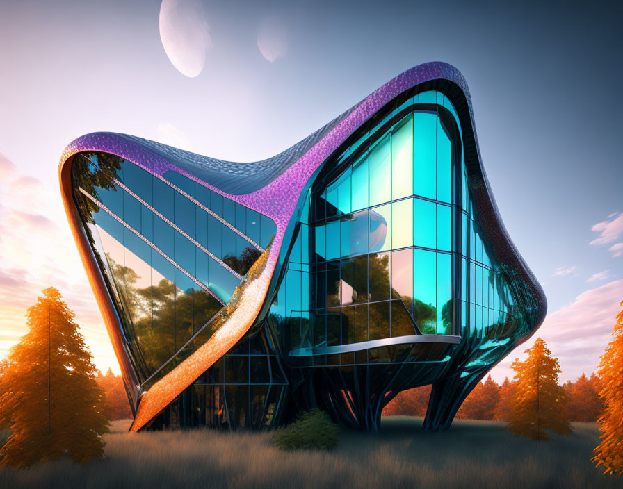 Modern building with wavy design, glass windows, trees, sunset sky, moons