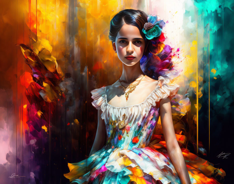 Colorful digital painting of woman in floral dress with abstract background