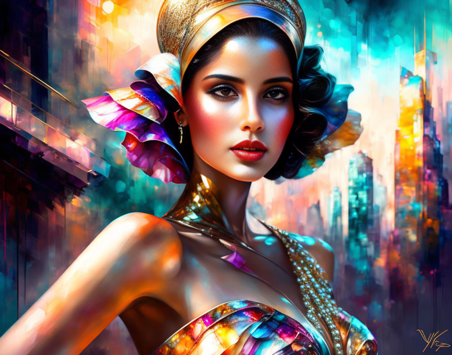 Digital portrait of woman with bold makeup and headpiece in iridescent outfit against vibrant cityscape.