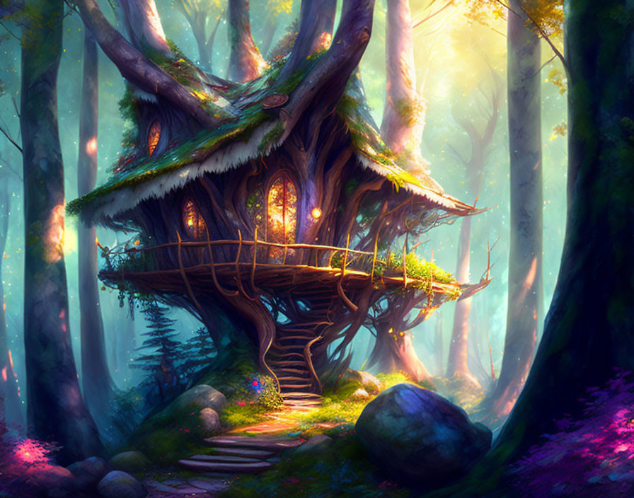 Enchanting forest scene with whimsical treehouse and glowing windows