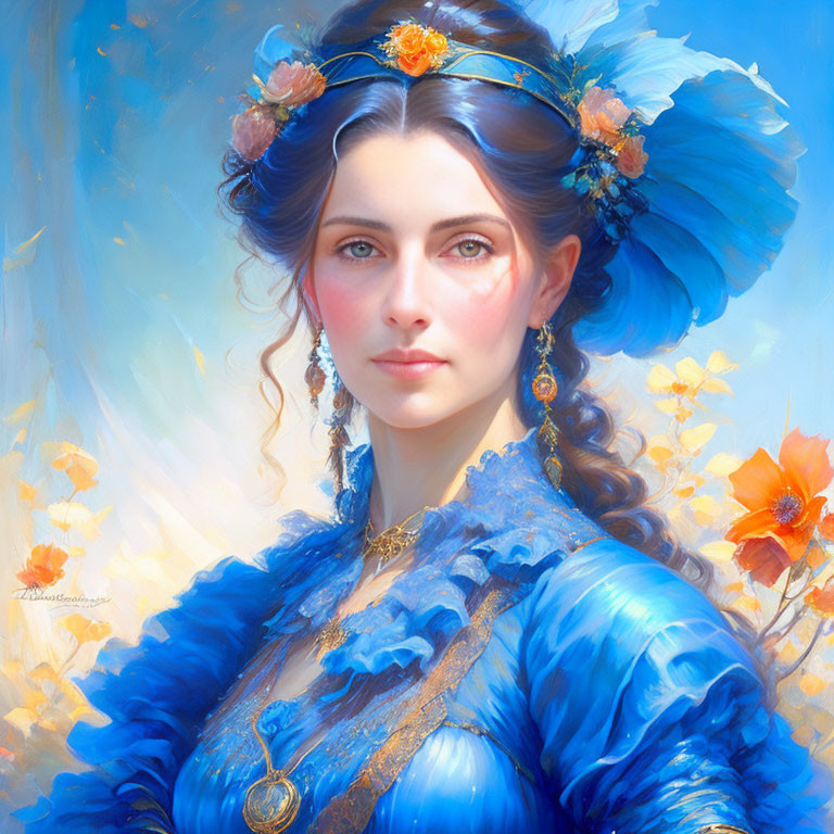 Portrait of Woman with Green Eyes in Blue Dress and Floral Jewelry