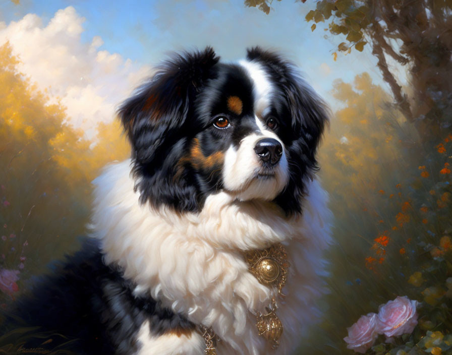 Realistic Tricolor Bernese Mountain Dog Painting in Sunny Field