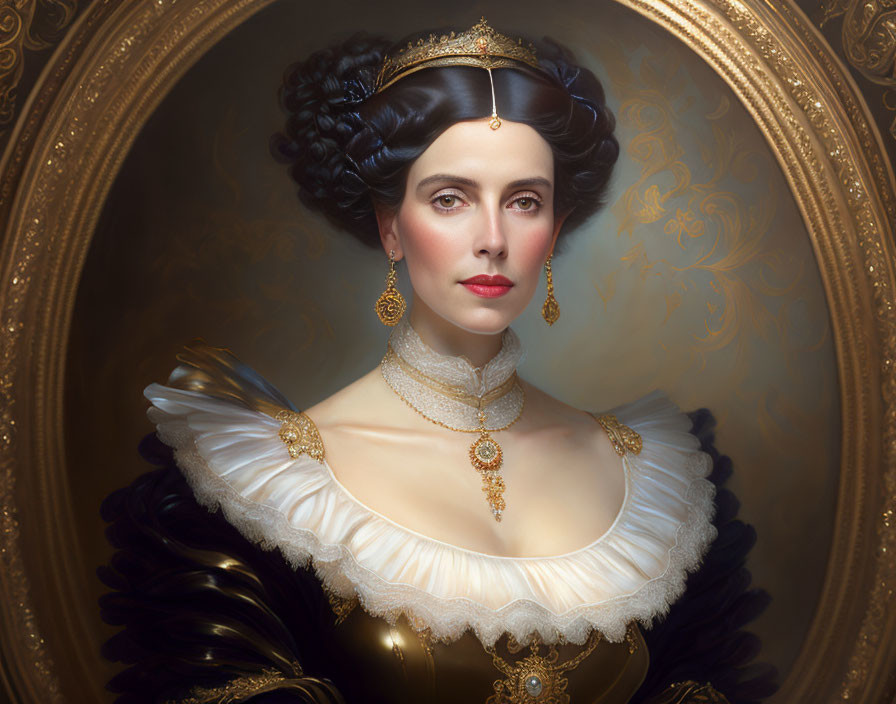 Portrait: Woman in 19th-Century Aristocrat Attire with Gold Jewelry