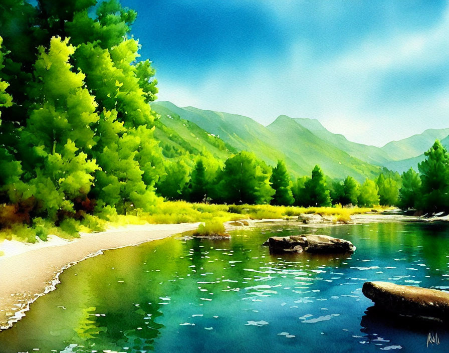 Serene river landscape with lush trees and blue sky