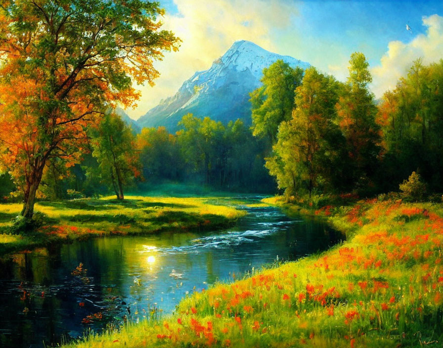 Autumn landscape: winding river, vibrant trees, snow-capped mountain