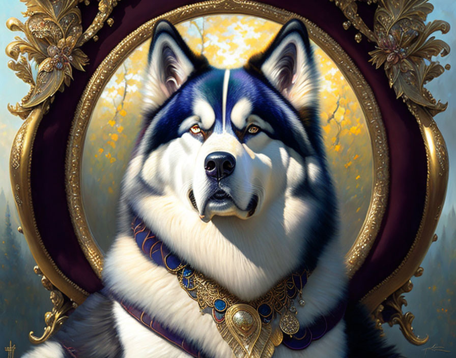 Regal Husky with Blue Eyes and Jewels in Ornate Golden Frame