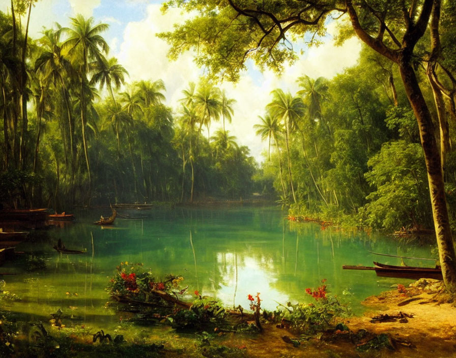 Tranquil Tropical Landscape with Blue Lake and Palm Trees