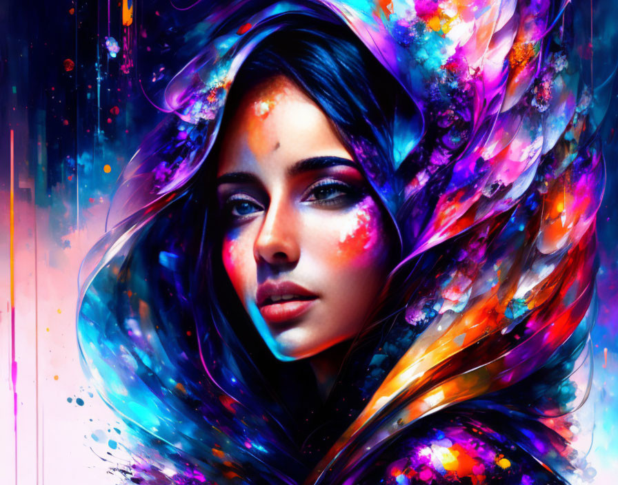 Colorful digital artwork: Woman with cosmic feather patterns and intense gaze