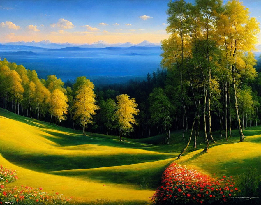 Colorful Landscape Painting: Green Hills, Wildflowers, Birch Trees, Mountains