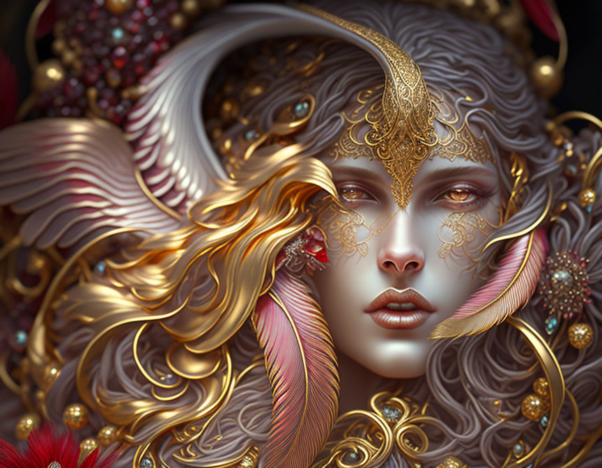 Ethereal woman portrait with gold filigree and flowing hair