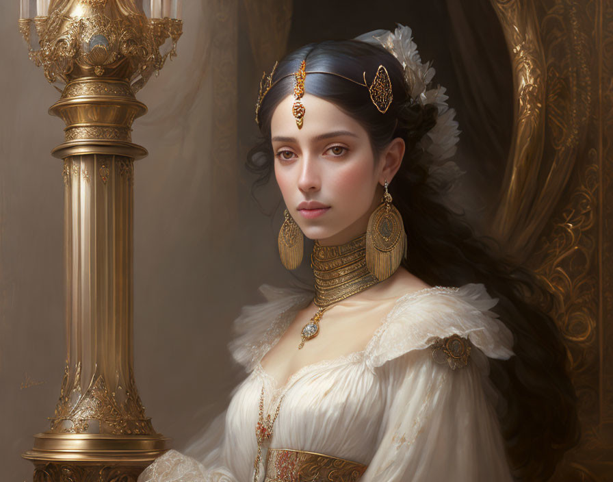 Regal woman in elegant white gown with gold jewelry gazes thoughtfully