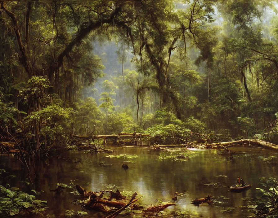 Tranquil river scene with lush forest and misty atmosphere