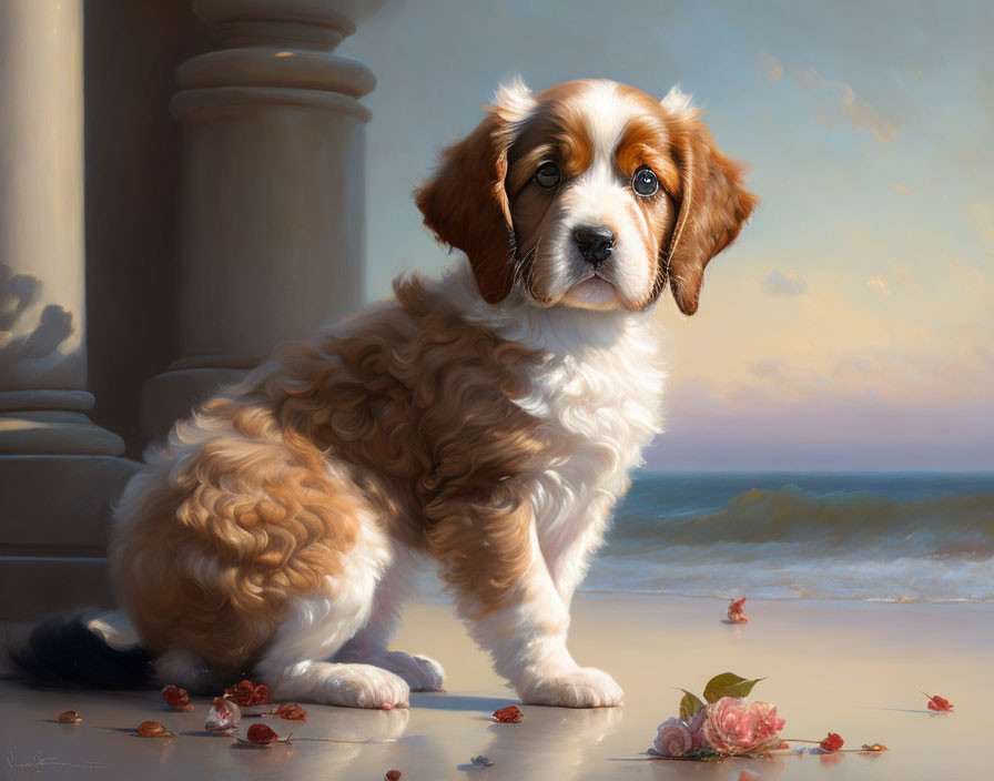 Fluffy Brown and White Puppy Near Column with Pink Flowers on Beach