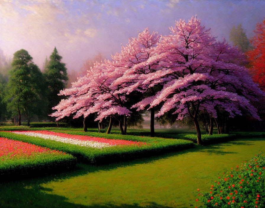 Tranquil landscape with pink cherry blossoms and lush greenery