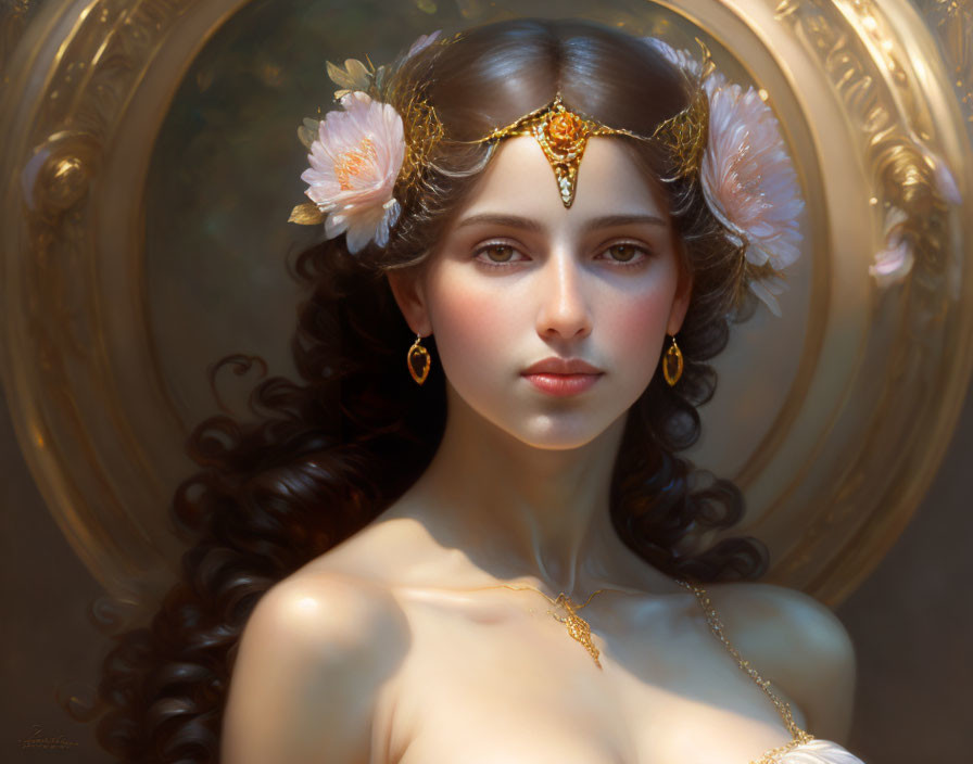 Woman with Floral Headdress and Golden Tiara in Pensive Pose