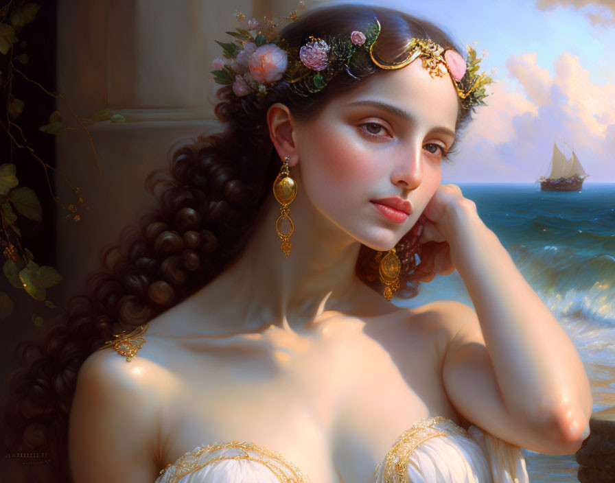 Serene woman with floral crown and gold jewelry gazing at sailing ship and ocean