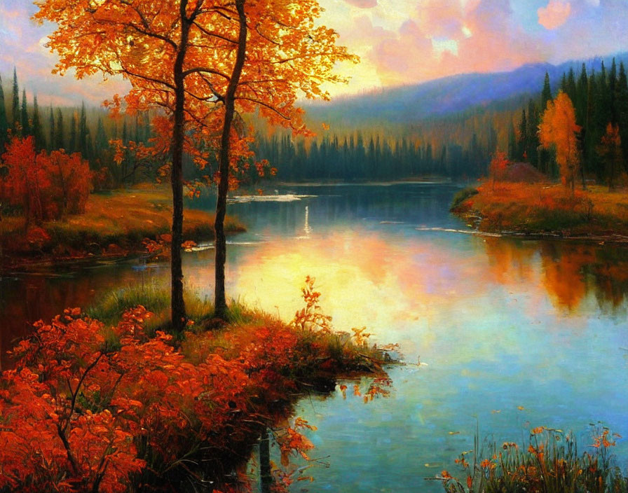 Vibrant autumn landscape: orange and yellow trees, calm lake, glowing dusk sky.