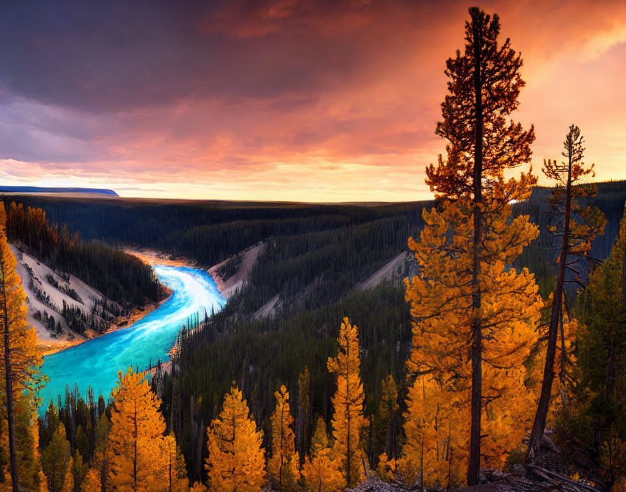 Vibrant sunset over forested valley with turquoise river, golden trees, and dramatic cliffs