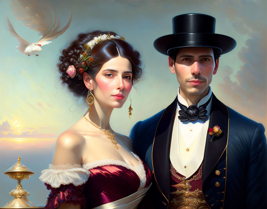 Victorian-era couple in formal attire with flying dove on soft sky backdrop