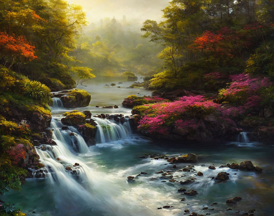 Tranquil stream with cascading waterfalls and lush trees in soft light