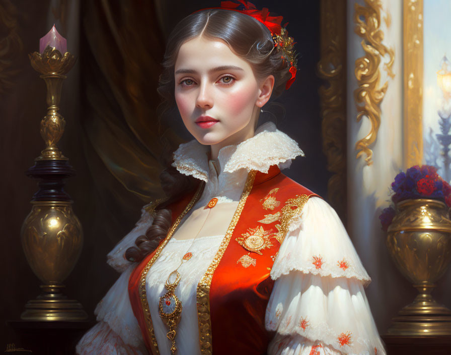 Young woman in red and white gown with gold jewelry