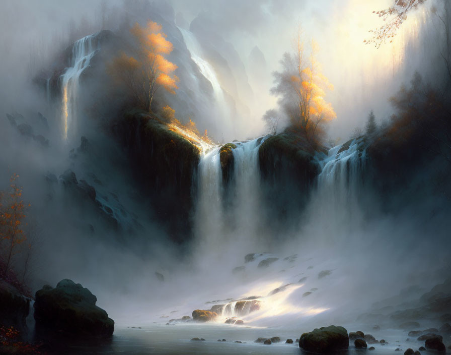 Tranquil landscape: waterfalls, misty cliffs, autumn trees, soft sunlight