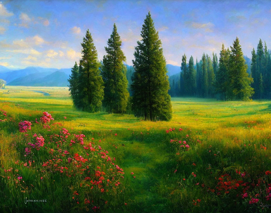 Tranquil landscape with tall trees, lush grass, and pink wildflowers