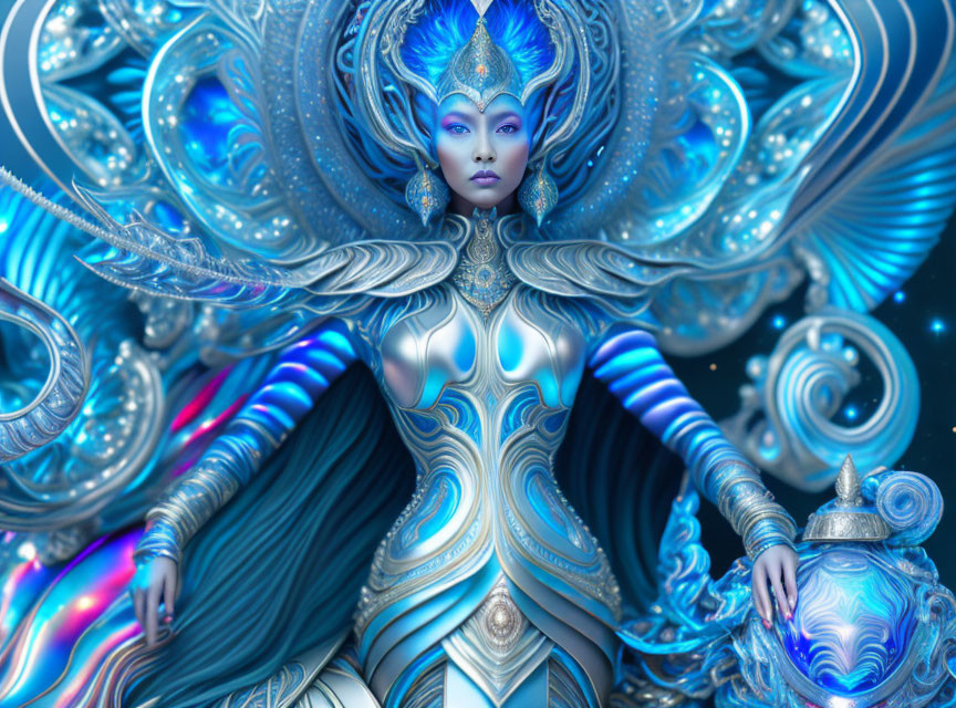 Mystical female figure in blue and white fantasy armor with ornate patterns