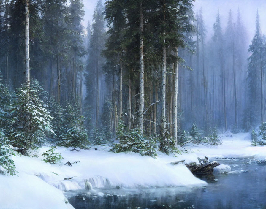 Snowy Winter Forest Scene with Evergreen Trees and Frozen Stream