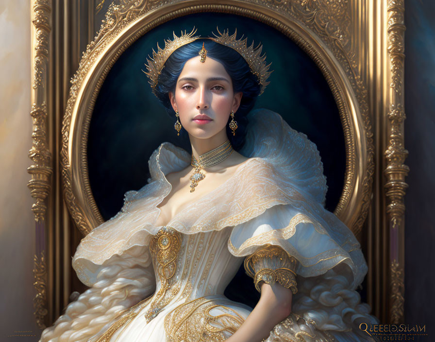 Portrait of woman in royal attire with ornate mirror frame