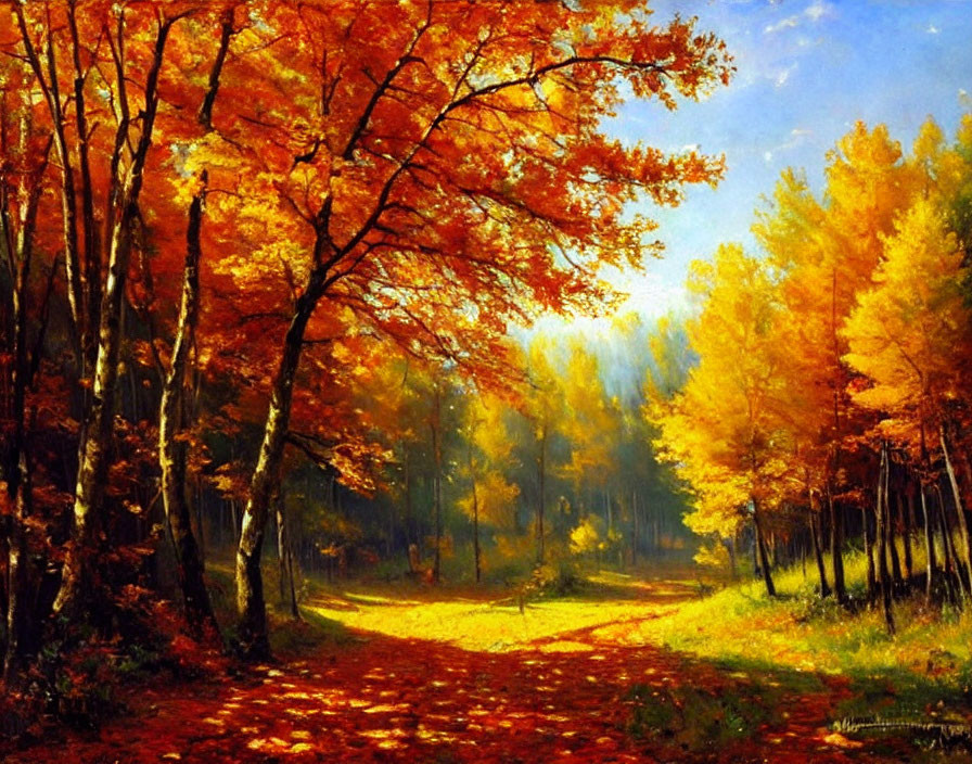 Colorful Autumn Forest Pathway Under Bright Sunlit Sky