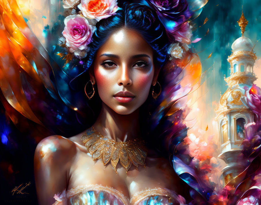 Vibrant portrait of a woman with radiant skin and colorful flowers.