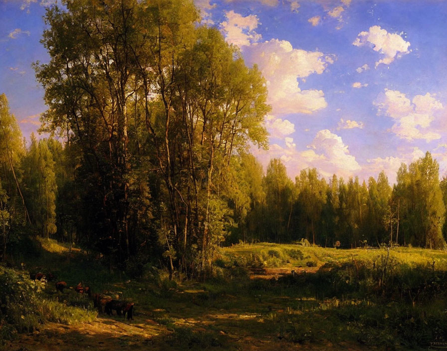 Tranquil landscape: lush forest, grazing cows, sunny sky