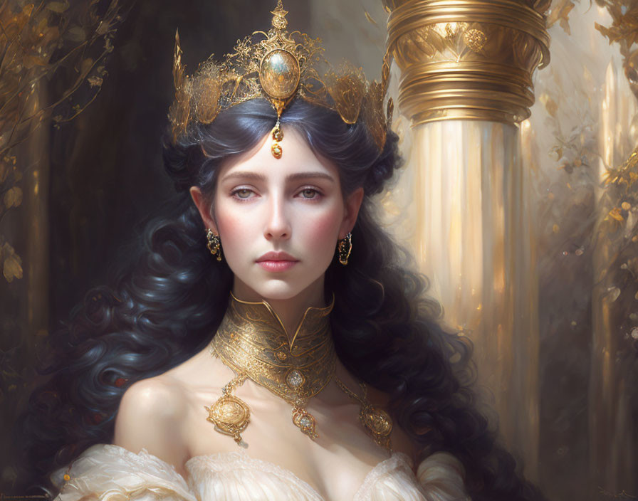 Ethereal woman with blue eyes, gold crown, and jewelry in front of gilded column