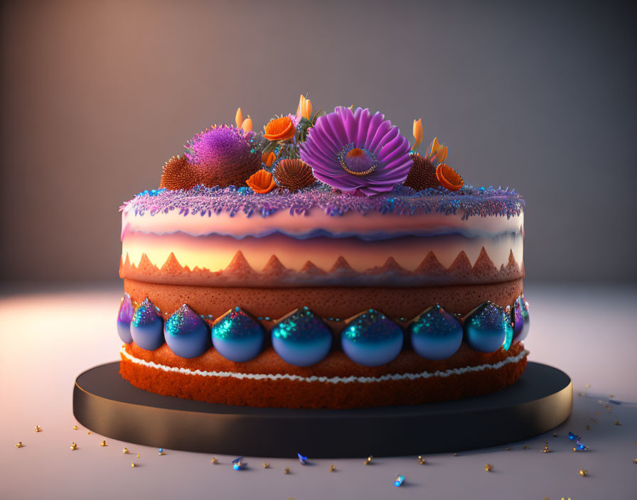 Colorful Layered Cake with Purple and Orange Flowers, Gold Trimmings, and Blue Decorations