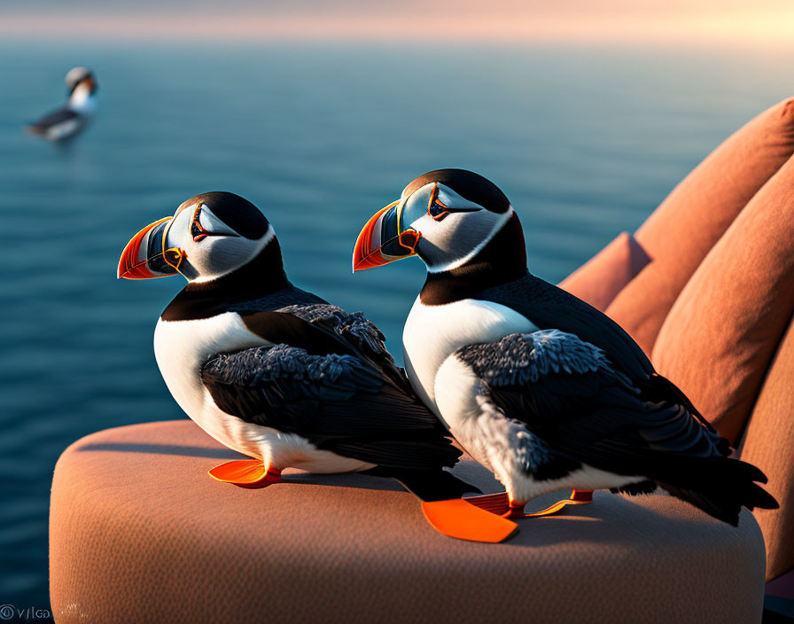 Puffins perched on bench by sea at sunset