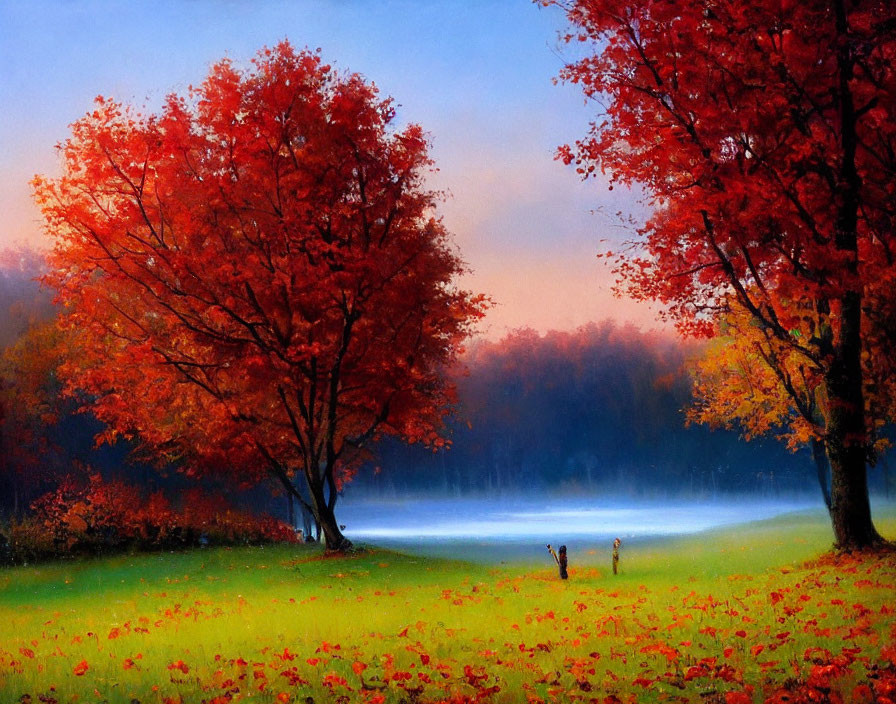 Vibrant red-orange trees in misty autumn landscape