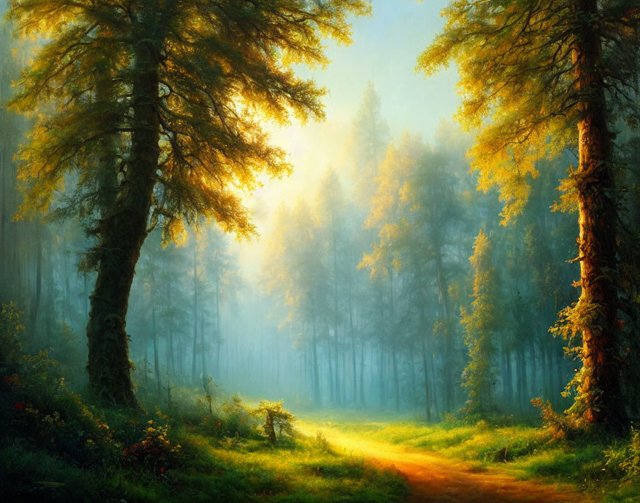 Tranquil forest scene with sunlight, mist, dirt path, and lush green foliage