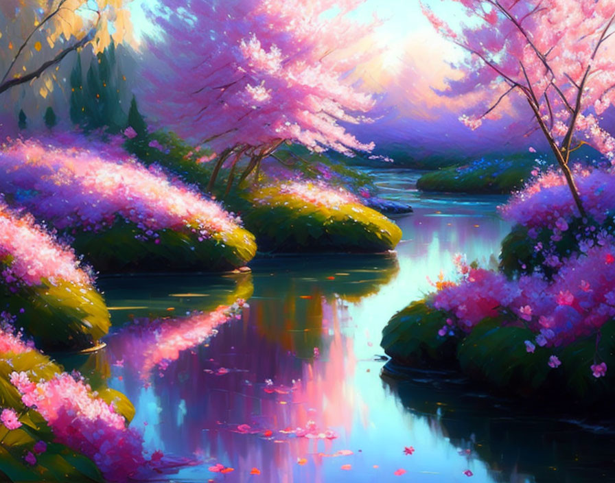 Serene river painting with lush blossoms and pink trees under purple sky