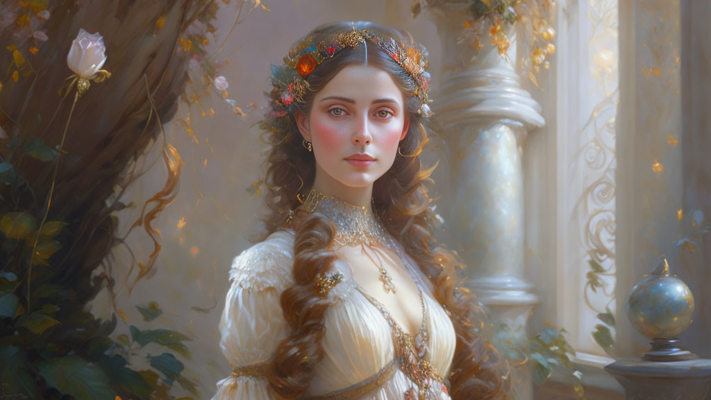 Elegant woman in vintage dress with golden jewelry and floral headpiece in soft-lit backdrop.