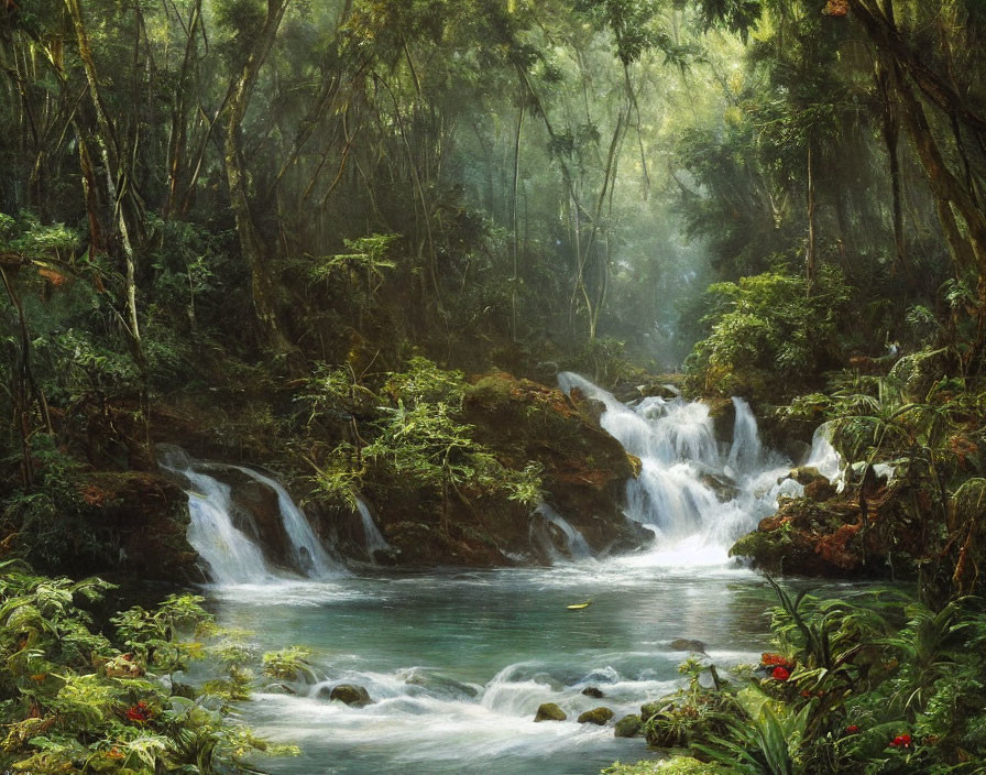 Tranquil forest landscape with waterfalls and calm river