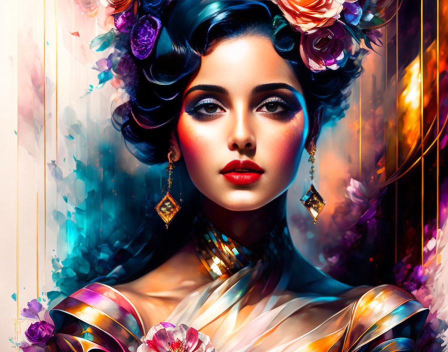 Colorful digital artwork of a woman with flowers and jewelry on abstract background