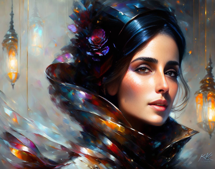 Portrait of a Woman with Striking Eyes and Dark Headband in Ethereal Setting