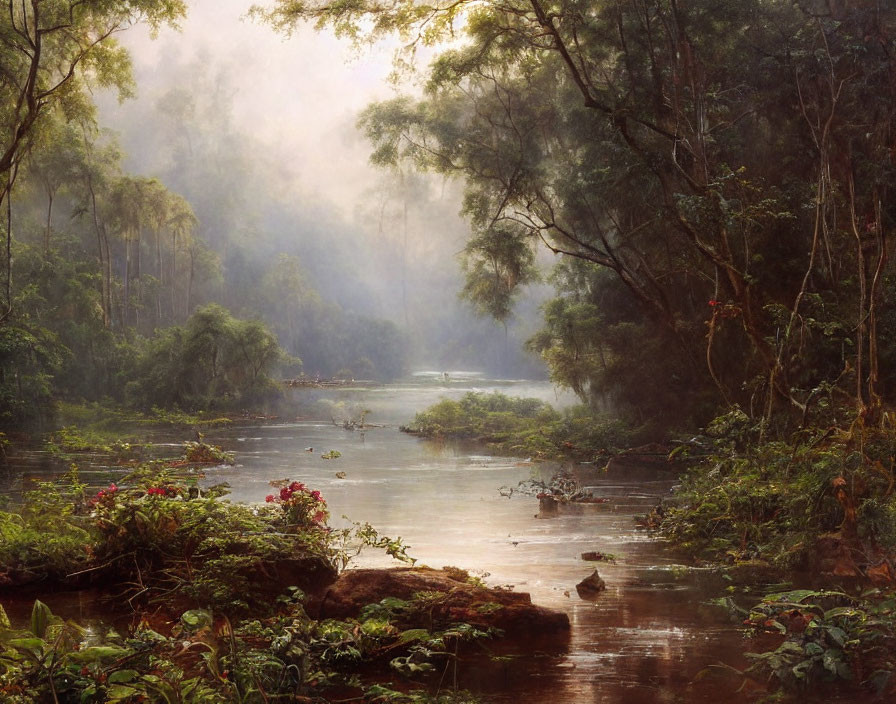 Tranquil river in misty forest with lush greenery