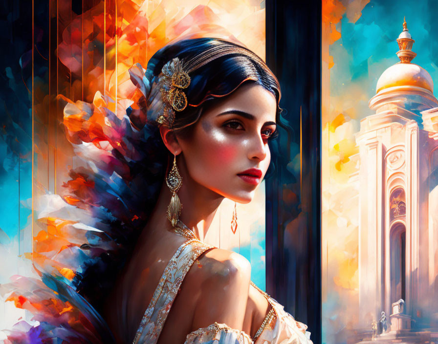 Vibrant digital artwork featuring woman in traditional attire