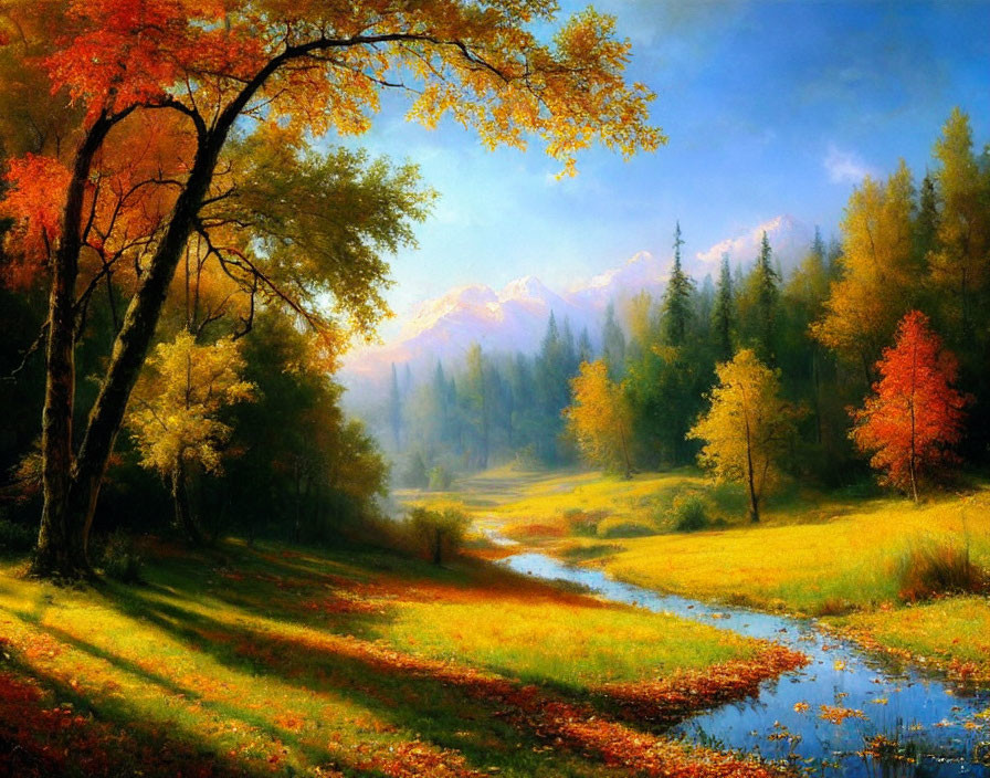 Tranquil autumn landscape with vibrant trees, river, and mountains