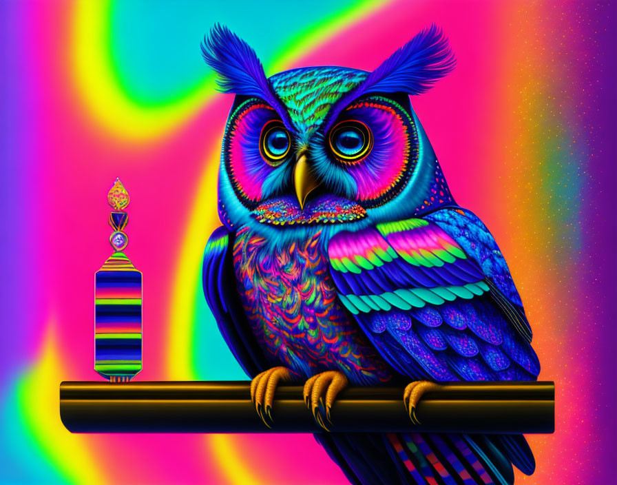 Colorful Owl Illustration on Bar with Neon Background & Jewel Staff